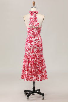 Meerjungfrau Neckholder Bedrucktes Rotes Blume Midi Hochzeitsgastkleid