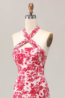 Laden Sie das Bild in den Galerie-Viewer, Meerjungfrau Neckholder Bedrucktes Rotes Blume Midi Hochzeitsgastkleid