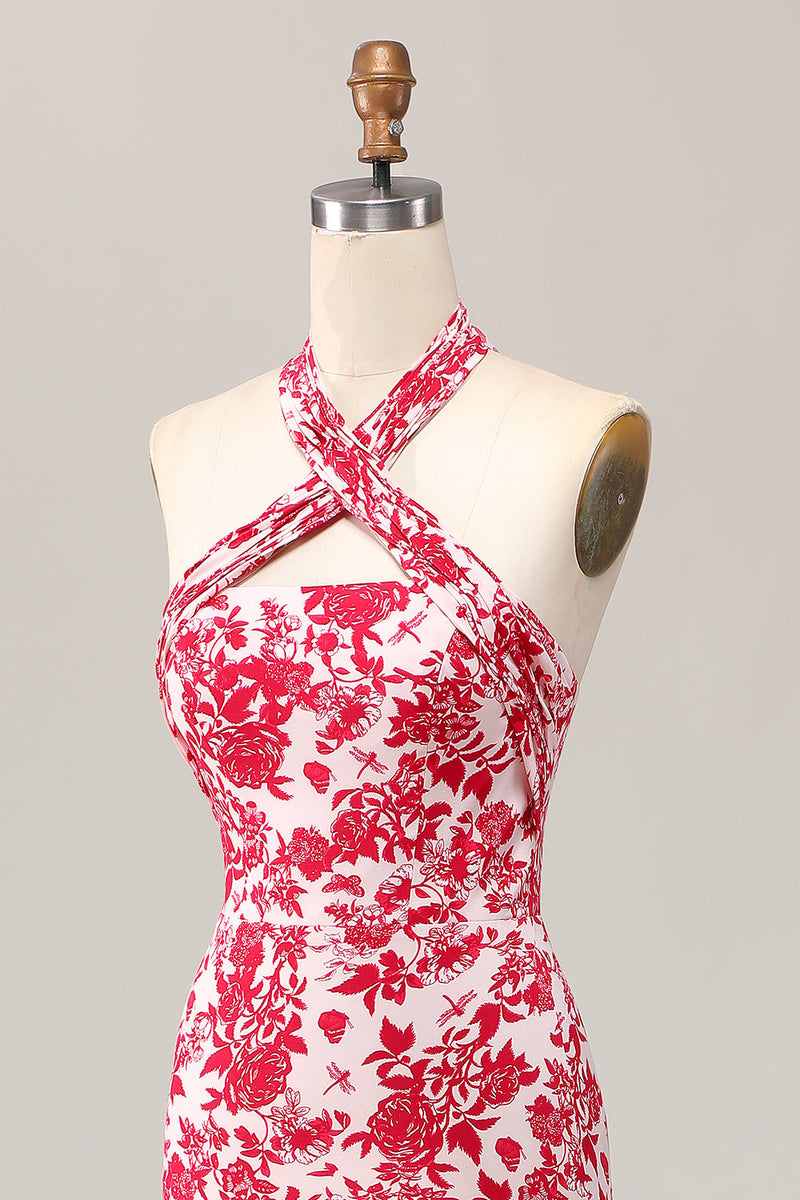 Laden Sie das Bild in den Galerie-Viewer, Meerjungfrau Neckholder Bedrucktes Rotes Blume Midi Hochzeitsgastkleid