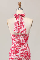 Laden Sie das Bild in den Galerie-Viewer, Meerjungfrau Neckholder Bedrucktes Rotes Blume Midi Hochzeitsgastkleid