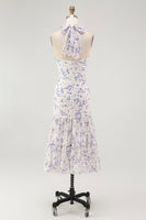 Laden Sie das Bild in den Galerie-Viewer, Blaues Geblümtes Neckholder Midi Brautjungfernkleid mit Rüschen