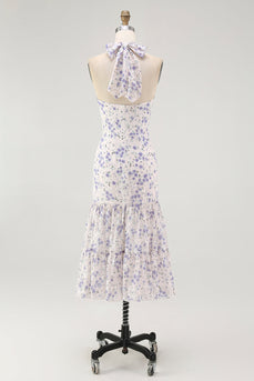 Blaues Geblümtes Neckholder Midi Brautjungfernkleid mit Rüschen