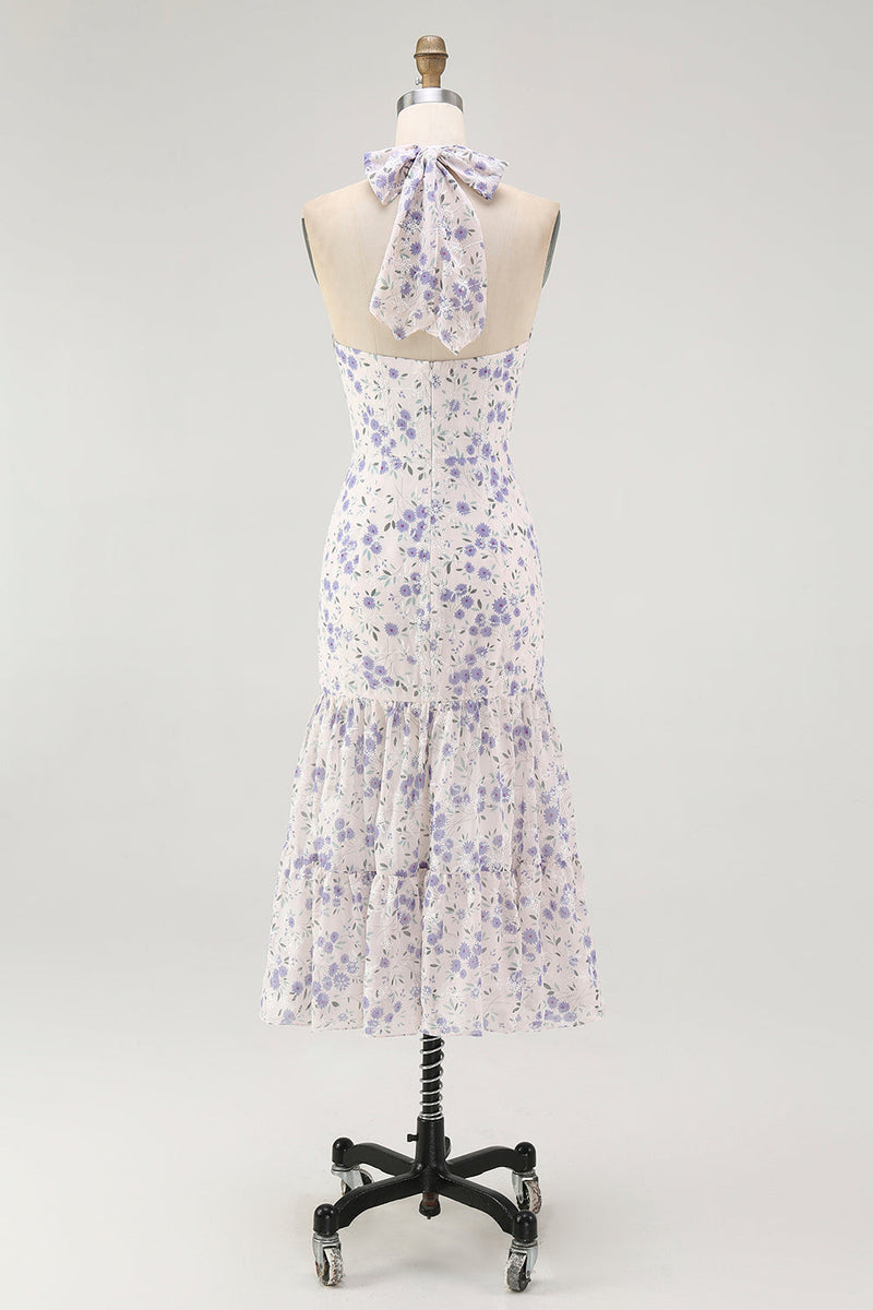 Laden Sie das Bild in den Galerie-Viewer, Blaues Geblümtes Neckholder Midi Brautjungfernkleid mit Rüschen