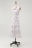 Laden Sie das Bild in den Galerie-Viewer, Blaues Geblümtes Neckholder Midi Brautjungfernkleid mit Rüschen