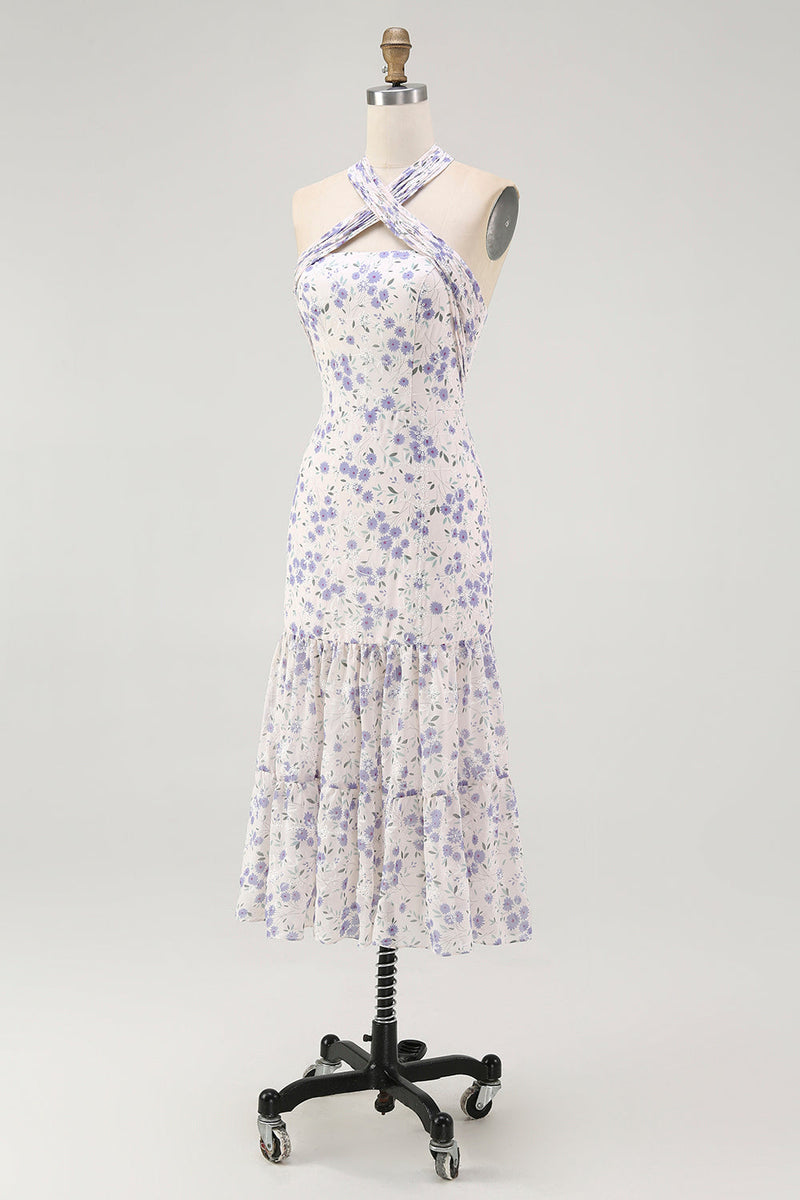 Laden Sie das Bild in den Galerie-Viewer, Blaues Geblümtes Neckholder Midi Brautjungfernkleid mit Rüschen