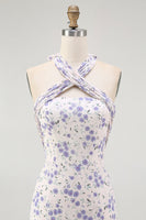 Laden Sie das Bild in den Galerie-Viewer, Blaues Geblümtes Neckholder Midi Brautjungfernkleid mit Rüschen