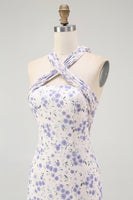 Laden Sie das Bild in den Galerie-Viewer, Blaues Geblümtes Neckholder Midi Brautjungfernkleid mit Rüschen