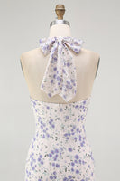 Laden Sie das Bild in den Galerie-Viewer, Blaues Geblümtes Neckholder Midi Brautjungfernkleid mit Rüschen