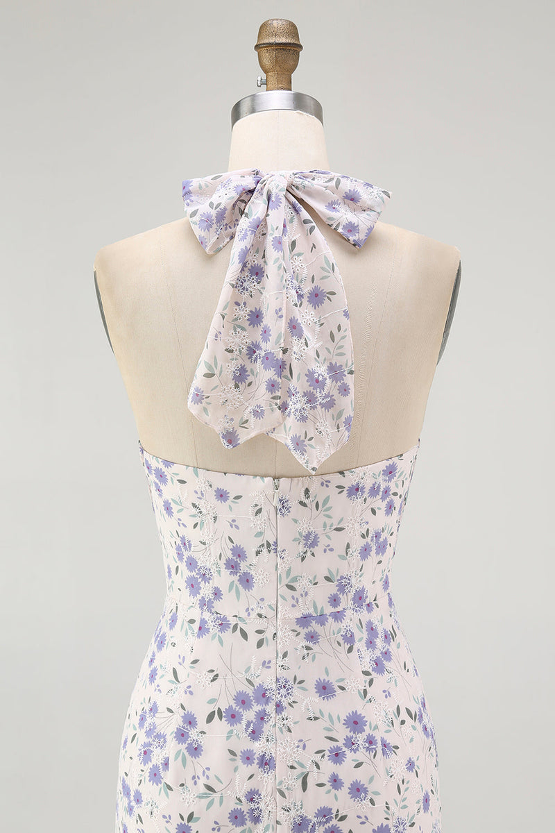 Laden Sie das Bild in den Galerie-Viewer, Blaues Geblümtes Neckholder Midi Brautjungfernkleid mit Rüschen