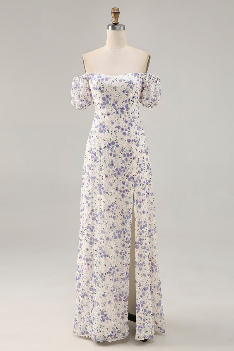 Laden Sie das Bild in den Galerie-Viewer, A Linie Druck Blaue Blume Langes Hochzeitsgastkleid mit Schlitz