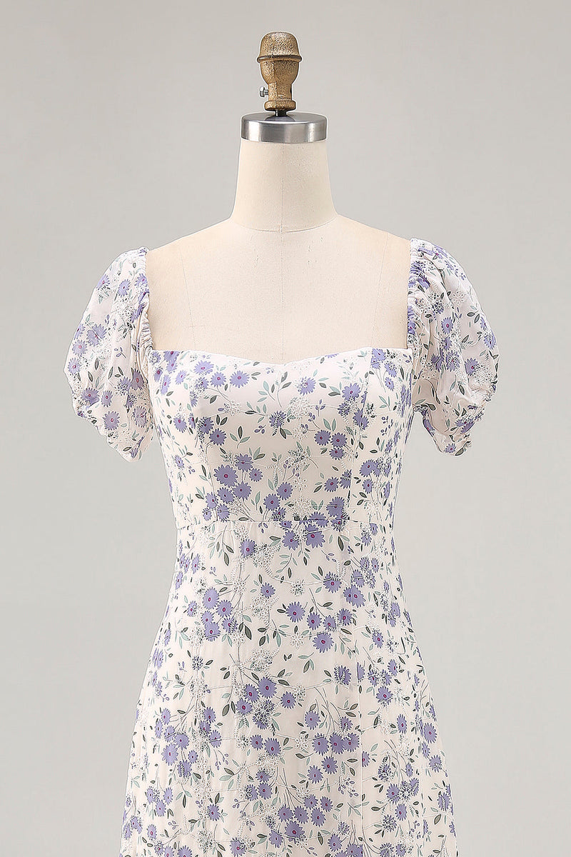 Laden Sie das Bild in den Galerie-Viewer, A Linie Druck Blaue Blume Langes Hochzeitsgastkleid mit Schlitz