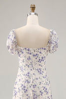 Laden Sie das Bild in den Galerie-Viewer, A Linie Druck Blaue Blume Langes Hochzeitsgastkleid mit Schlitz