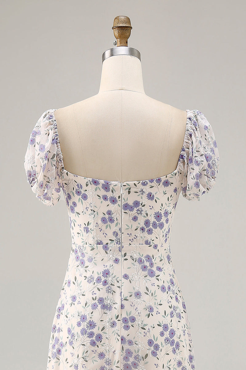 Laden Sie das Bild in den Galerie-Viewer, A Linie Druck Blaue Blume Langes Hochzeitsgastkleid mit Schlitz