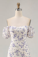 Laden Sie das Bild in den Galerie-Viewer, A Linie Druck Blaue Blume Langes Hochzeitsgastkleid mit Schlitz