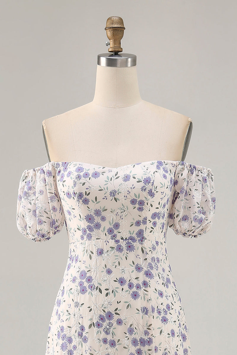 Laden Sie das Bild in den Galerie-Viewer, A Linie Druck Blaue Blume Langes Hochzeitsgastkleid mit Schlitz