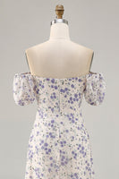 Laden Sie das Bild in den Galerie-Viewer, A Linie Druck Blaue Blume Langes Hochzeitsgastkleid mit Schlitz