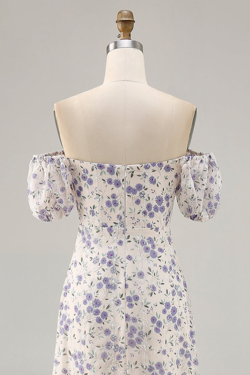 Laden Sie das Bild in den Galerie-Viewer, A Linie Druck Blaue Blume Langes Hochzeitsgastkleid mit Schlitz