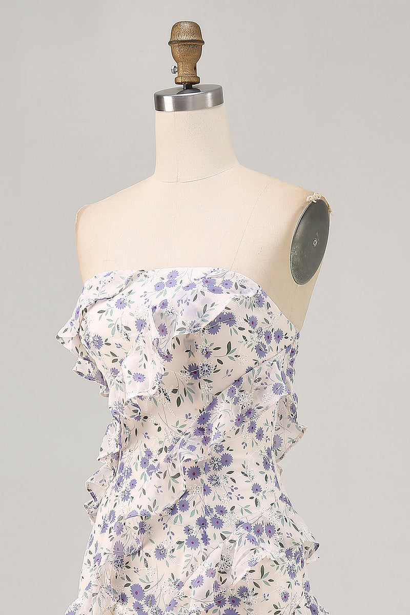 Laden Sie das Bild in den Galerie-Viewer, Blaues Trägerloses Etui Brautjungfernkleid mit Blumen und Rüschen