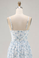 Laden Sie das Bild in den Galerie-Viewer, Blaues Bedrucktes Blumen Spaghettiträger Kleid für Hochzeitsgäste