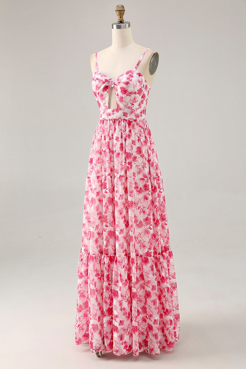 Laden Sie das Bild in den Galerie-Viewer, Blaues Bedrucktes Blumen Spaghettiträger Kleid für Hochzeitsgäste