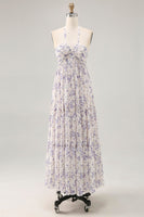 Laden Sie das Bild in den Galerie-Viewer, Blumen Gerafftes A Linie Blaues Neckholder Langes Hochzeitsgastkleid