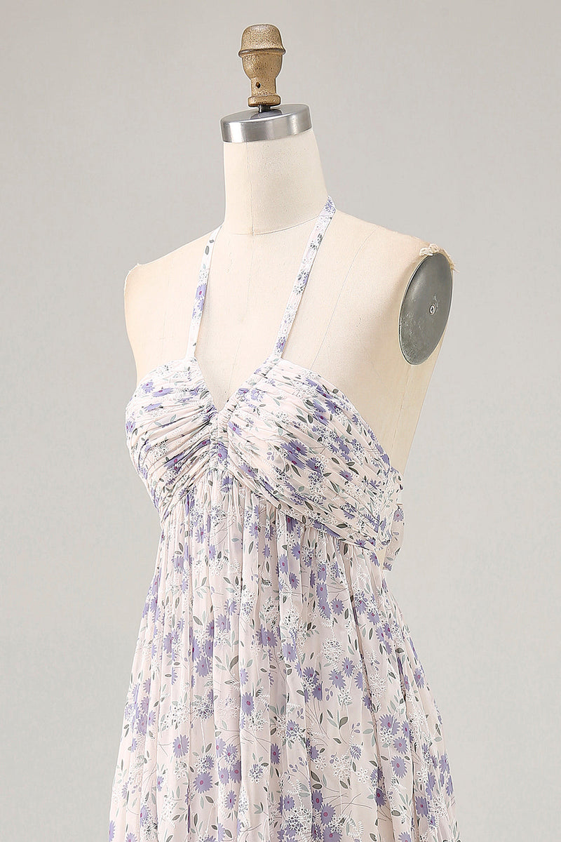 Laden Sie das Bild in den Galerie-Viewer, Blumen Gerafftes A Linie Blaues Neckholder Langes Hochzeitsgastkleid