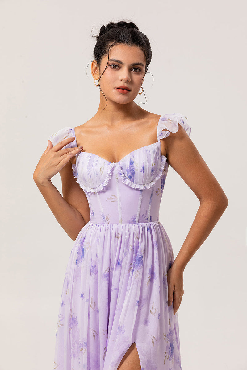 Laden Sie das Bild in den Galerie-Viewer, Lavendelblume A-Linie Bedrucktes Korsett Brautjungfernkleid mit Rüschen und Schlitz