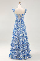 Laden Sie das Bild in den Galerie-Viewer, Schulterfreies Bedrucktes Blaues Hochzeitsgastkleid mit Rüschen und Schlitz