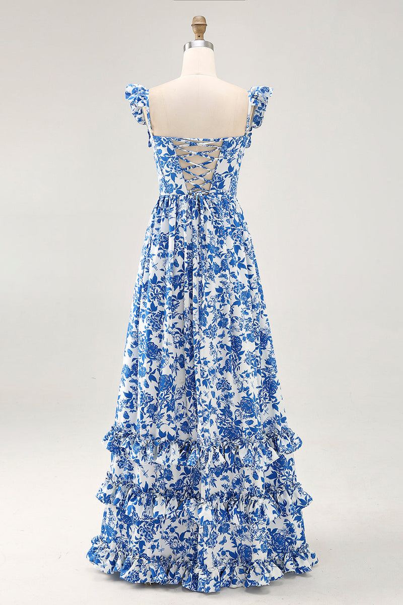 Laden Sie das Bild in den Galerie-Viewer, Schulterfreies Bedrucktes Blaues Hochzeitsgastkleid mit Rüschen und Schlitz