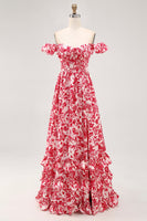 Laden Sie das Bild in den Galerie-Viewer, Schulterfreies Bedrucktes Blaues Hochzeitsgastkleid mit Rüschen und Schlitz