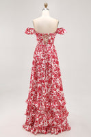 Laden Sie das Bild in den Galerie-Viewer, Schulterfreies Bedrucktes Blaues Hochzeitsgastkleid mit Rüschen und Schlitz