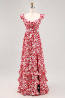 Laden Sie das Bild in den Galerie-Viewer, Schulterfreies Bedrucktes Blaues Hochzeitsgastkleid mit Rüschen und Schlitz