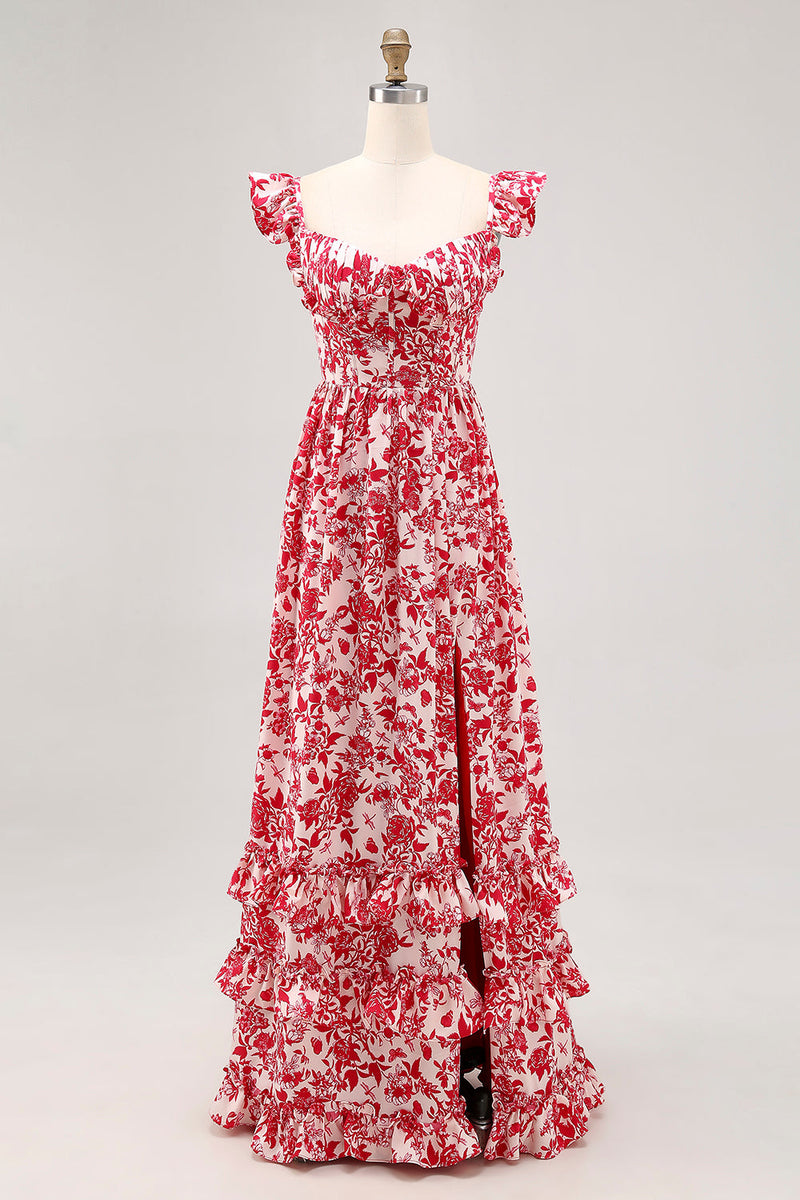 Laden Sie das Bild in den Galerie-Viewer, Schulterfreies Bedrucktes Blaues Hochzeitsgastkleid mit Rüschen und Schlitz