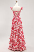 Laden Sie das Bild in den Galerie-Viewer, Schulterfreies Bedrucktes Blaues Hochzeitsgastkleid mit Rüschen und Schlitz