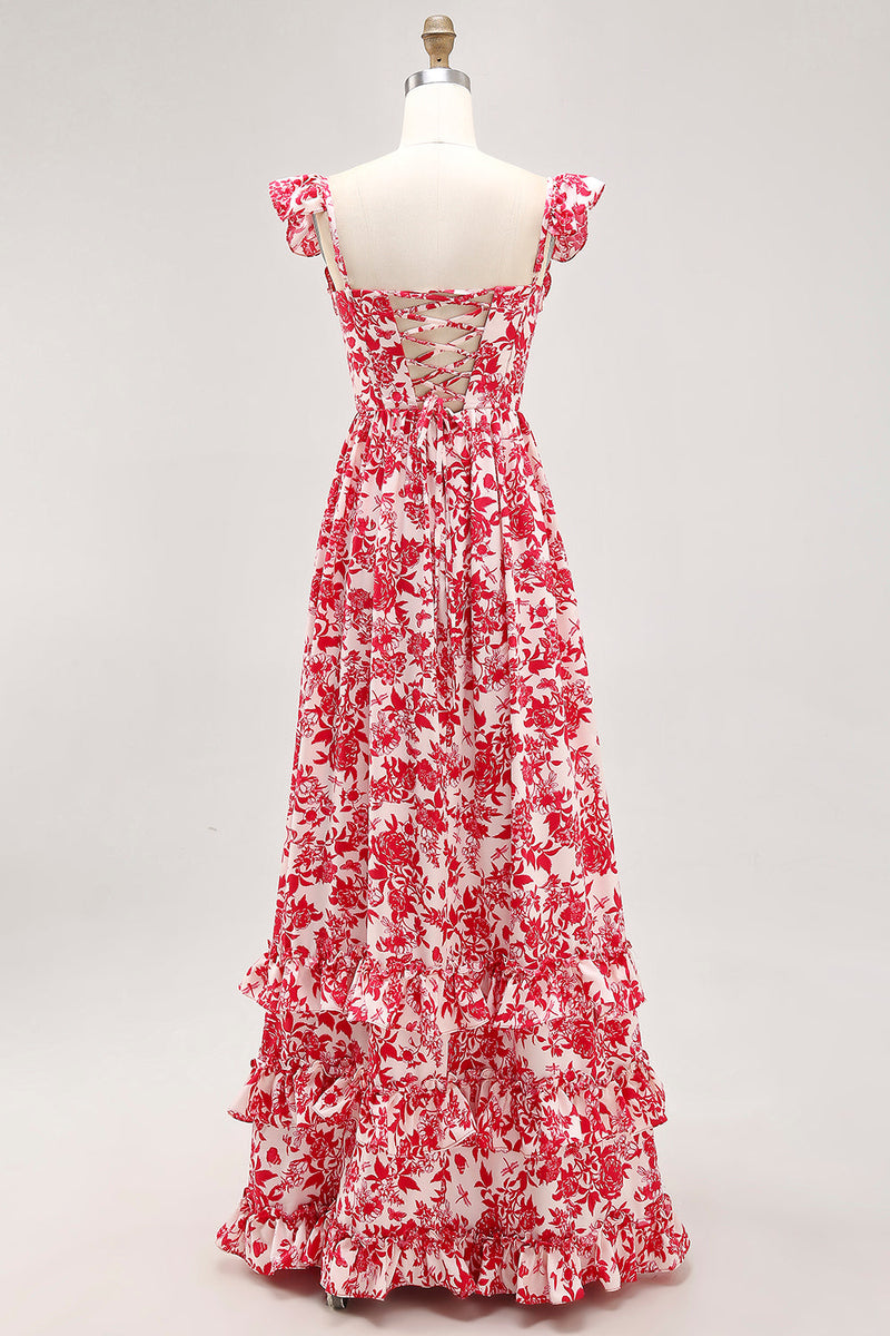 Laden Sie das Bild in den Galerie-Viewer, Schulterfreies Bedrucktes Blaues Hochzeitsgastkleid mit Rüschen und Schlitz