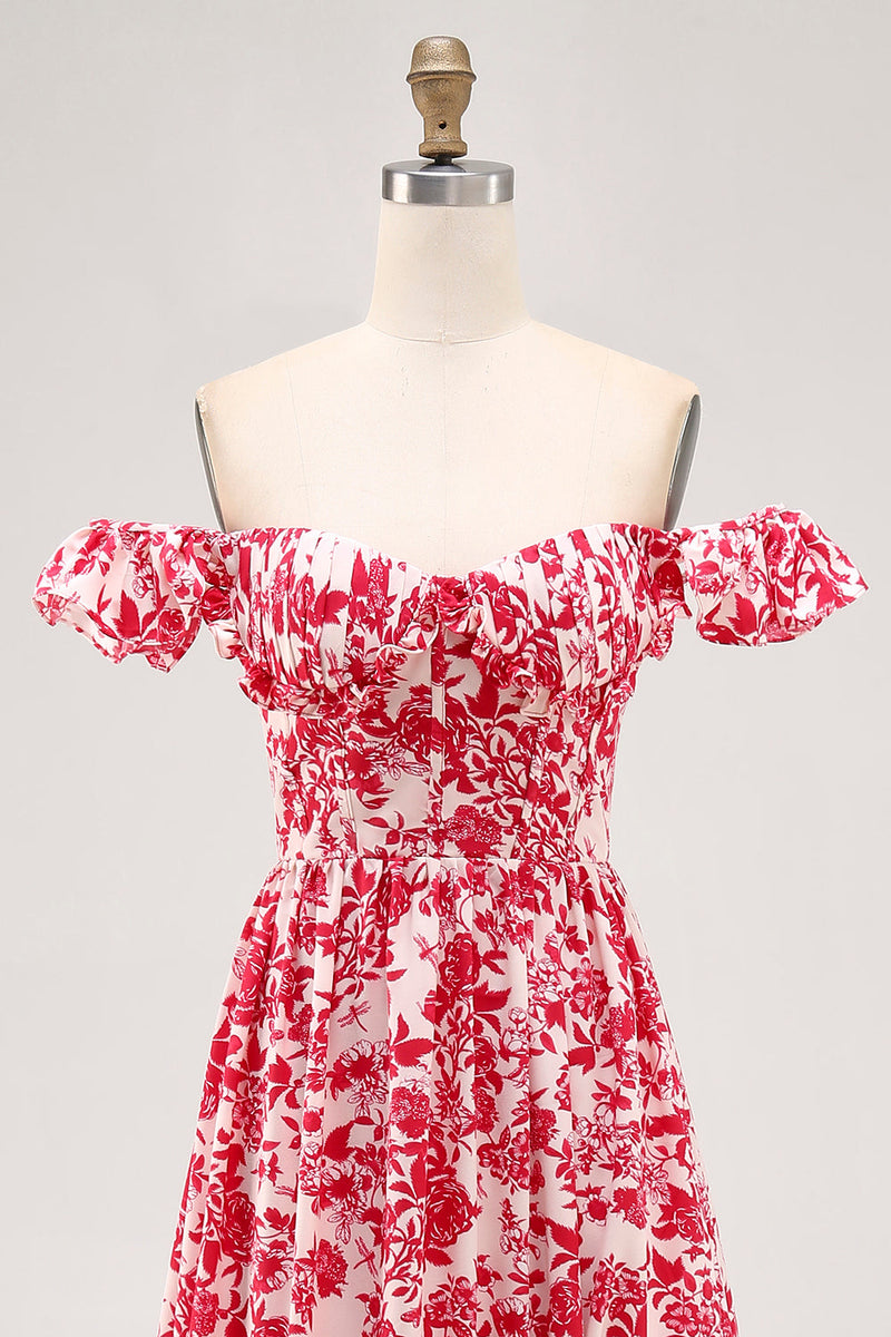 Laden Sie das Bild in den Galerie-Viewer, Schulterfreies Bedrucktes Blaues Hochzeitsgastkleid mit Rüschen und Schlitz