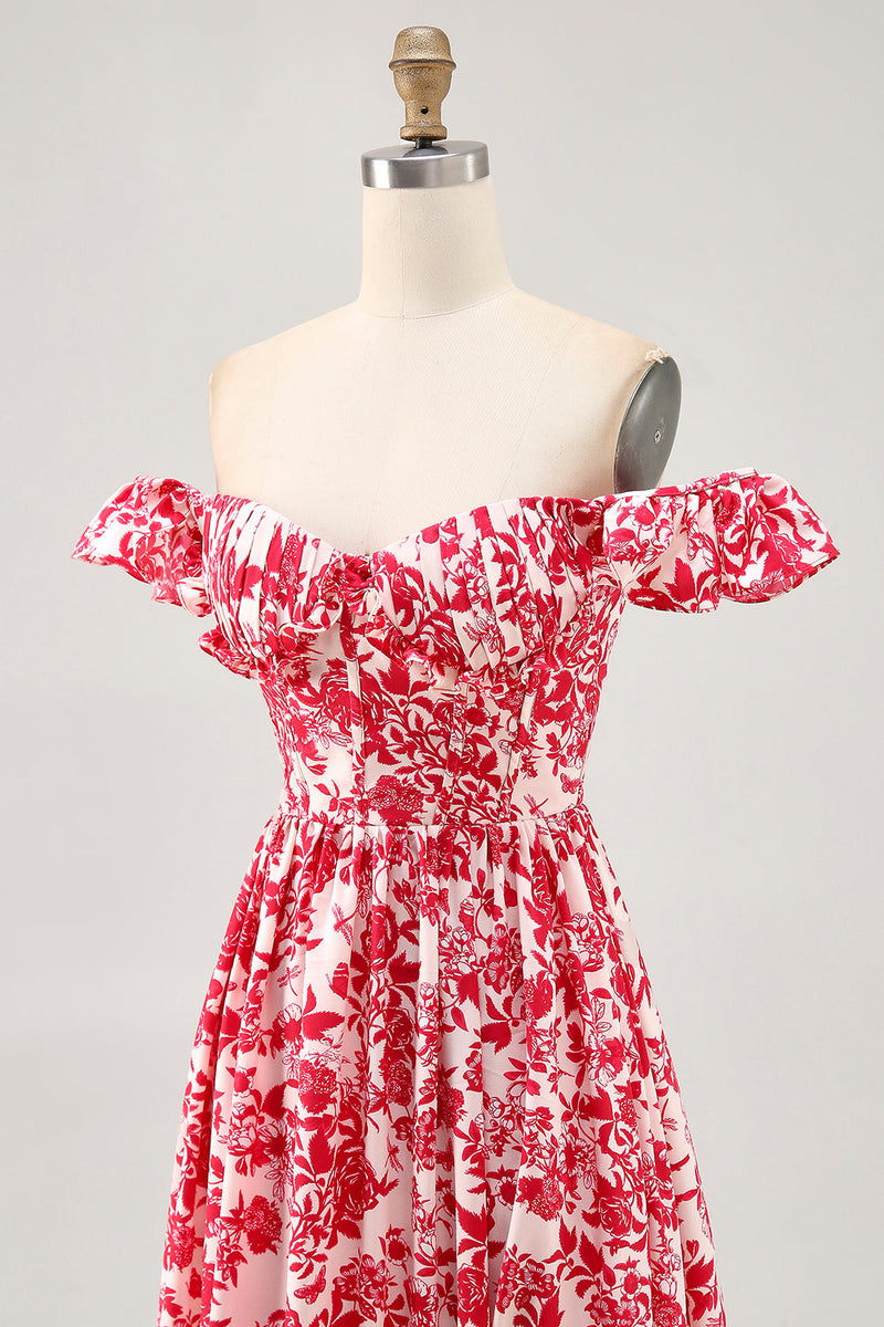 Laden Sie das Bild in den Galerie-Viewer, Schulterfreies Bedrucktes Blaues Hochzeitsgastkleid mit Rüschen und Schlitz