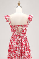 Laden Sie das Bild in den Galerie-Viewer, Schulterfreies Bedrucktes Blaues Hochzeitsgastkleid mit Rüschen und Schlitz