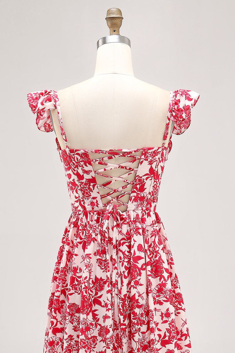 Laden Sie das Bild in den Galerie-Viewer, Schulterfreies Bedrucktes Blaues Hochzeitsgastkleid mit Rüschen und Schlitz