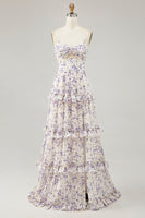 Laden Sie das Bild in den Galerie-Viewer, Lila Blume Bedrucktes A-Linie Ausgeschnitten Hochzeitsgastkleid mit Schlitz