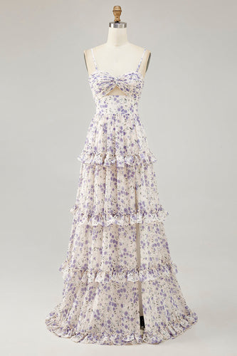 Lila Blume Bedrucktes A-Linie Ausgeschnitten Hochzeitsgastkleid mit Schlitz