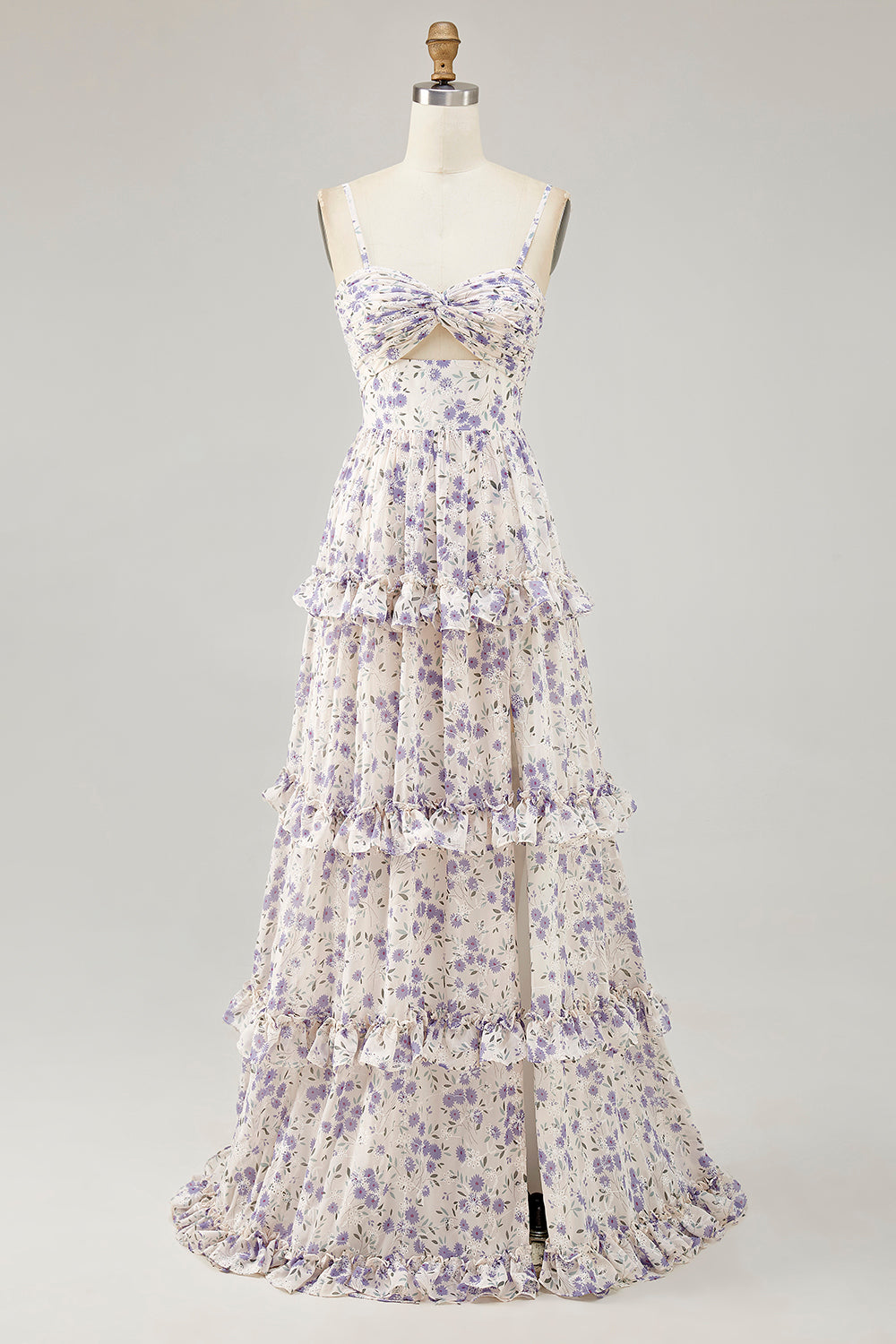 Lila Blume Bedrucktes A-Linie Ausgeschnitten Hochzeitsgastkleid mit Schlitz