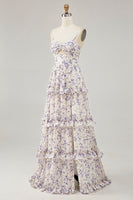 Laden Sie das Bild in den Galerie-Viewer, Lila Blume Bedrucktes A-Linie Ausgeschnitten Hochzeitsgastkleid mit Schlitz