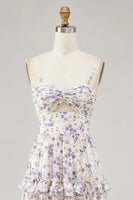 Laden Sie das Bild in den Galerie-Viewer, Lila Blume Bedrucktes A-Linie Ausgeschnitten Hochzeitsgastkleid mit Schlitz