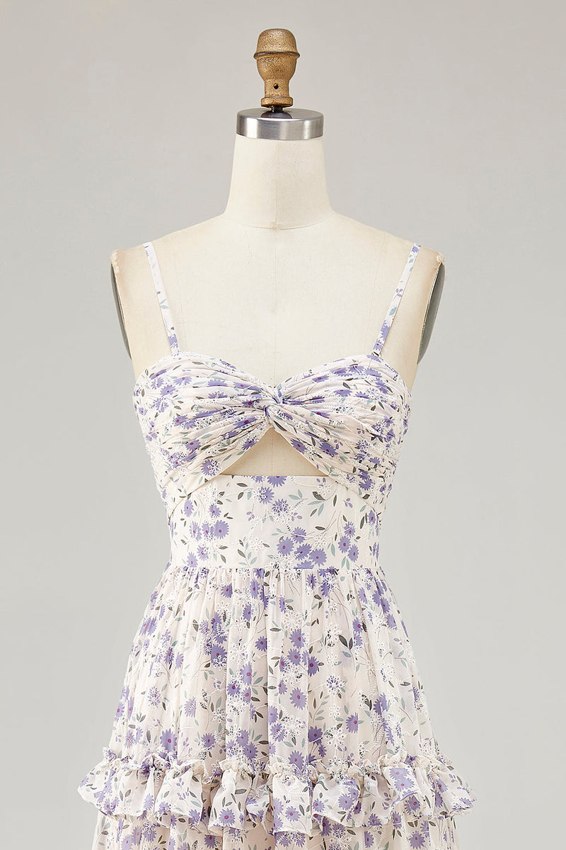 Laden Sie das Bild in den Galerie-Viewer, Lila Blume Bedrucktes A-Linie Ausgeschnitten Hochzeitsgastkleid mit Schlitz