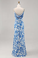 Laden Sie das Bild in den Galerie-Viewer, Blaue Blume Wasserfall Ausschnitt Meerjungfrau Langes Hochzeitsgastkleid