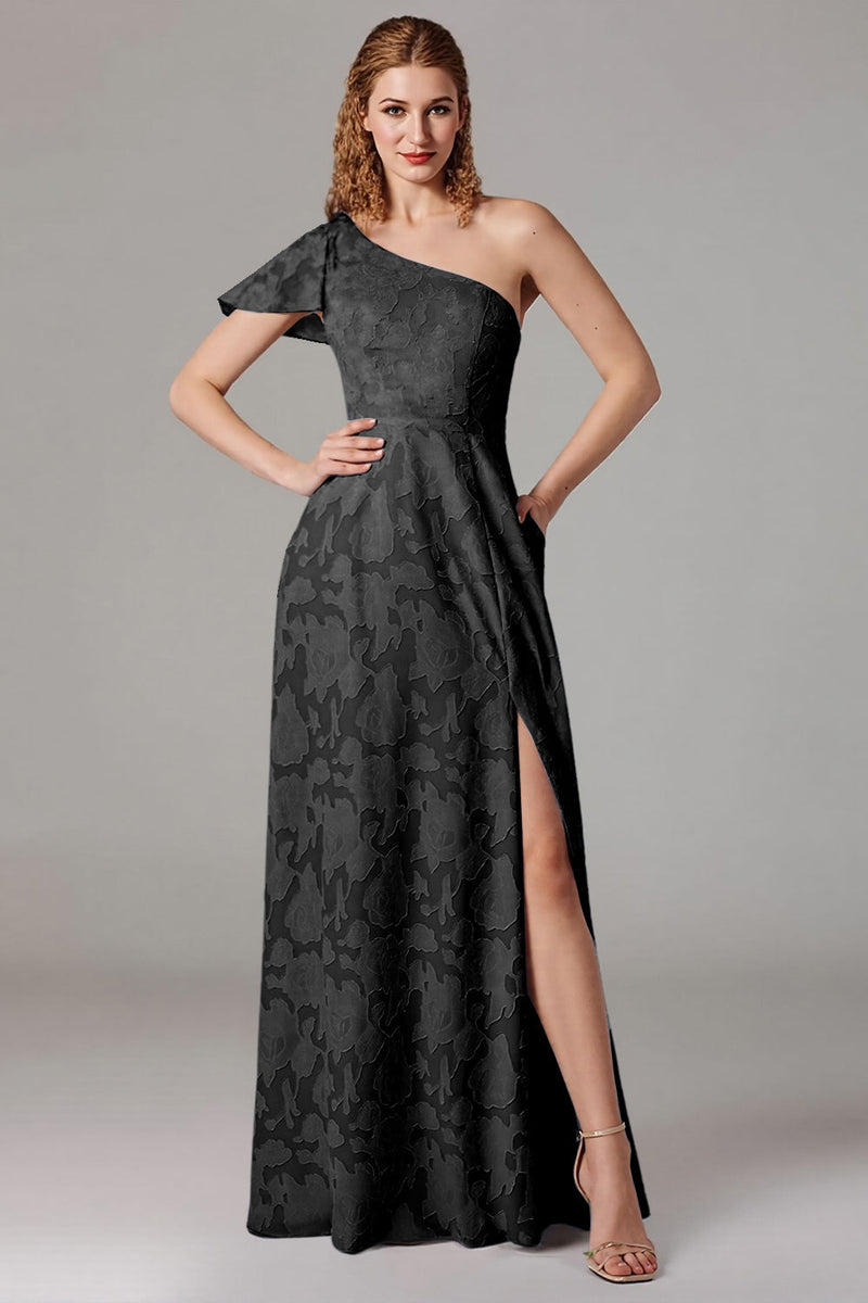 Laden Sie das Bild in den Galerie-Viewer, Eine Schulter Schwarzes Langes A-Linie Chorkleid mit Schlitz