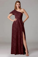Laden Sie das Bild in den Galerie-Viewer, Eine Schulter Schwarzes Langes A-Linie Chorkleid mit Schlitz