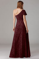 Laden Sie das Bild in den Galerie-Viewer, Staubblaues A-Linie Brautjungfernkleid mit einer Schulter und Schlitz