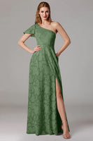 Laden Sie das Bild in den Galerie-Viewer, Staubblaues A-Linie Brautjungfernkleid mit einer Schulter und Schlitz